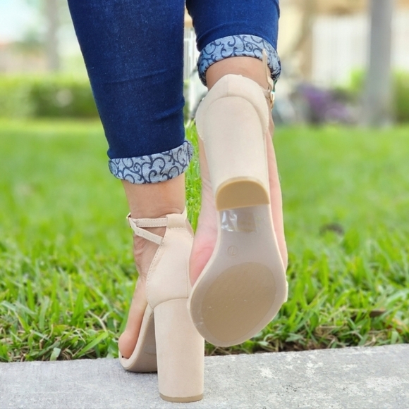 Beige Suede Ankle Strap Block Heel Dress Sandals - Picture 5 of 6